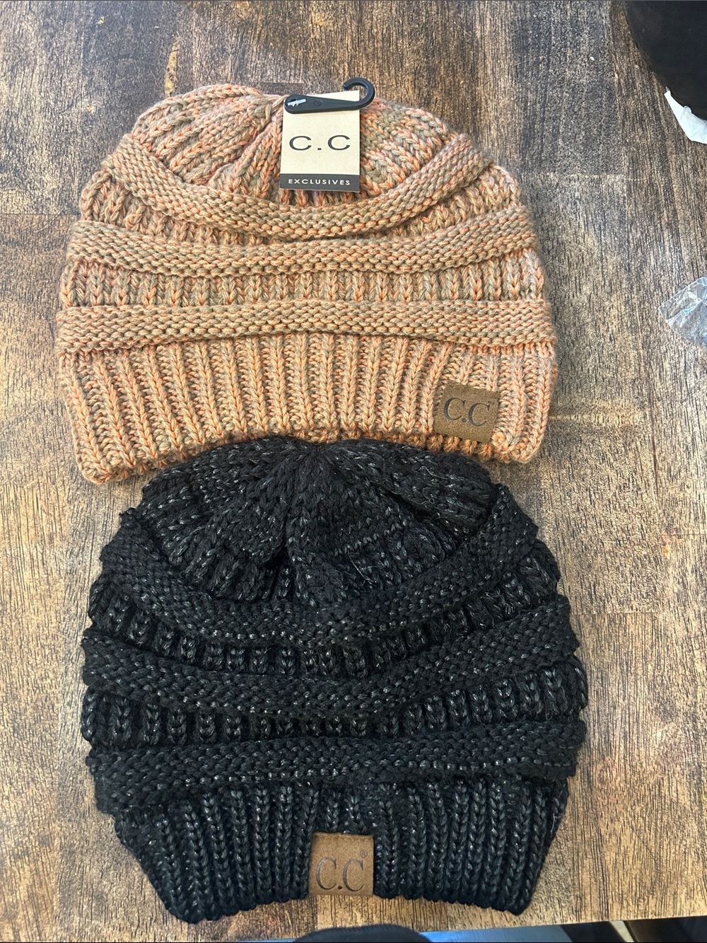 C.C Two-Pack Knit Beanies - Tan Marled & Black